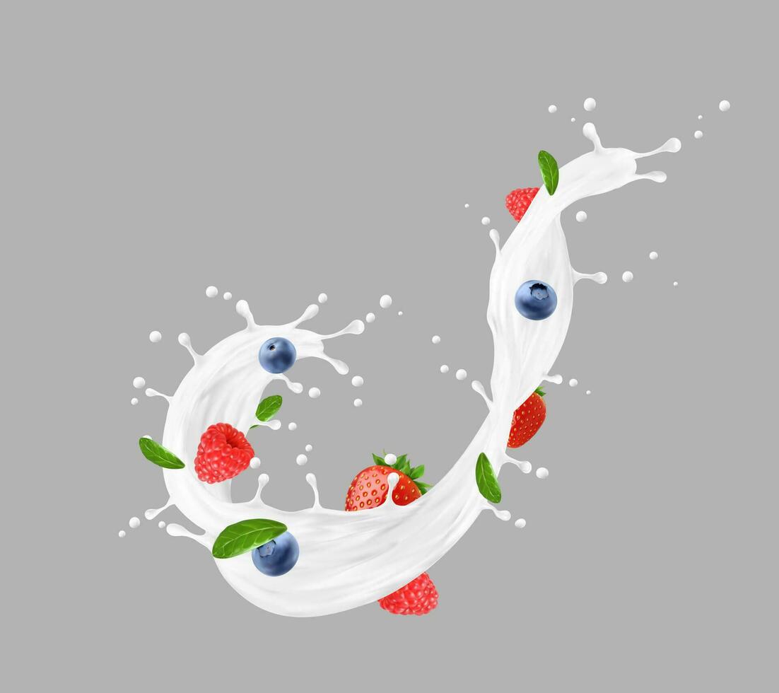 Realistic milk or yoghurt splash with berries vector