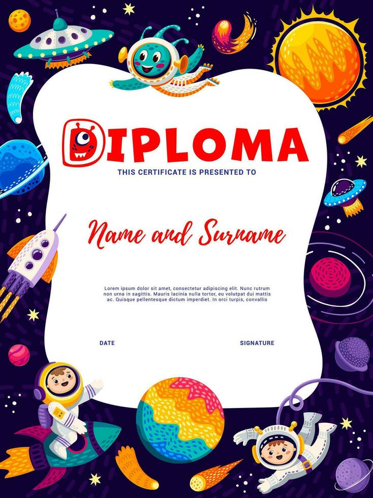 Kids diploma, cartoon astronauts, aliens, space vector