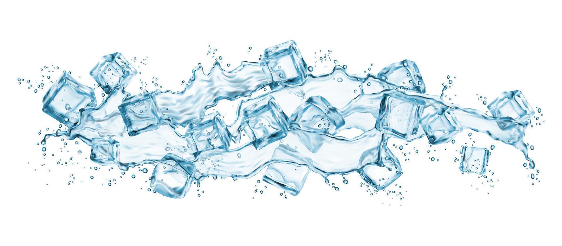 Frozen ice cubes and water wave splash, realistic vector