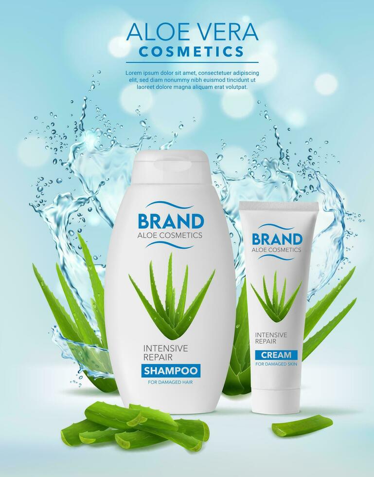 Green aloe plant, splash and moisture cosmetics vector