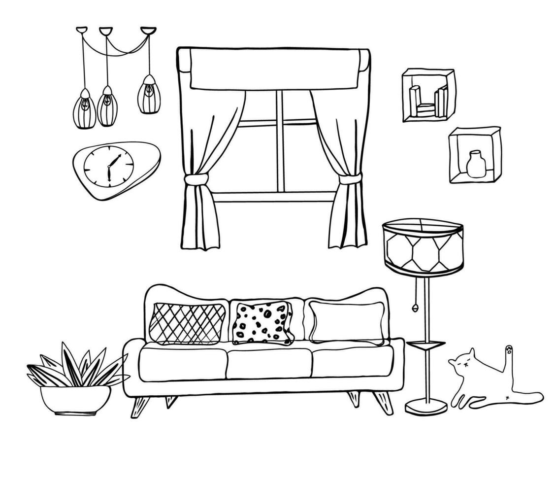 Vector interior of living room, hand drawn black and white sketches.