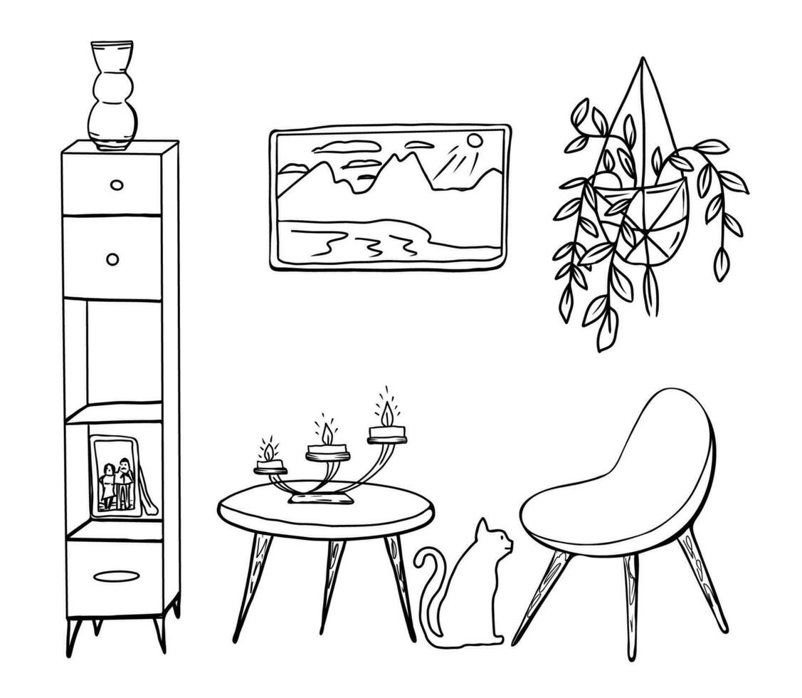 Vector interior of living room, hand drawn black and white sketches.