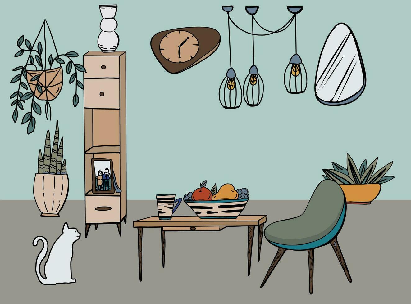 Vector interior of living room, hand drawn cartoon illustration. Doodles furnitures in mid century style.