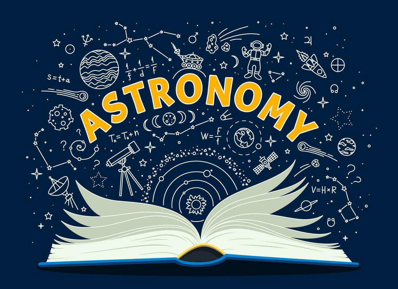 Astronomy textbook, school book, space chalkboard vector