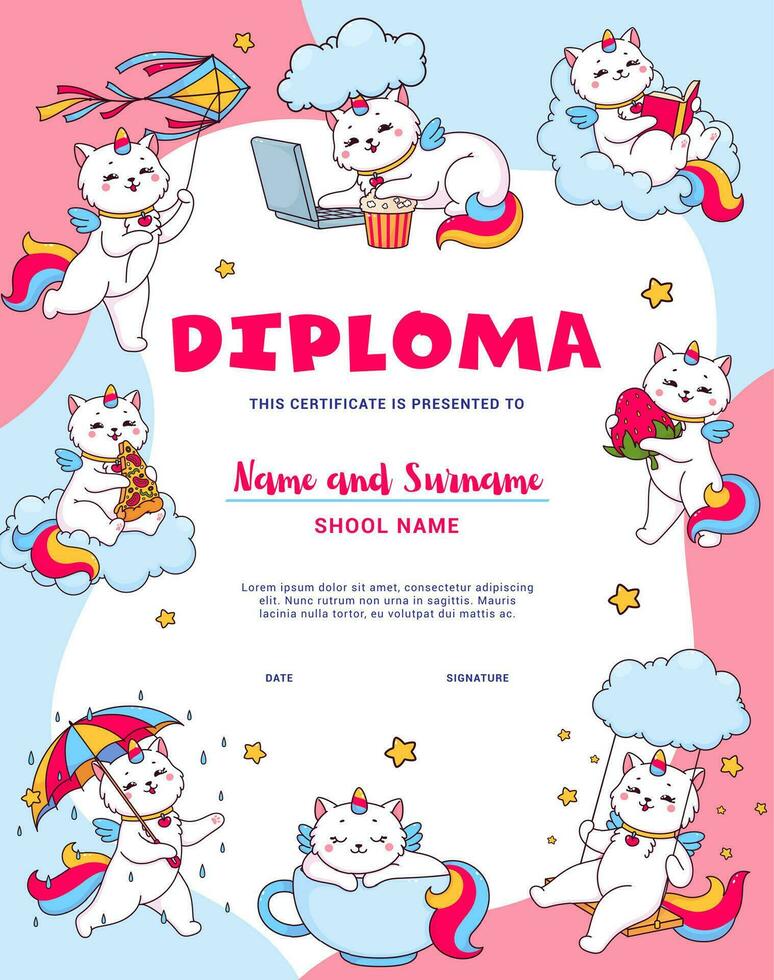 Kids diploma cartoon cute caticorn characters vector