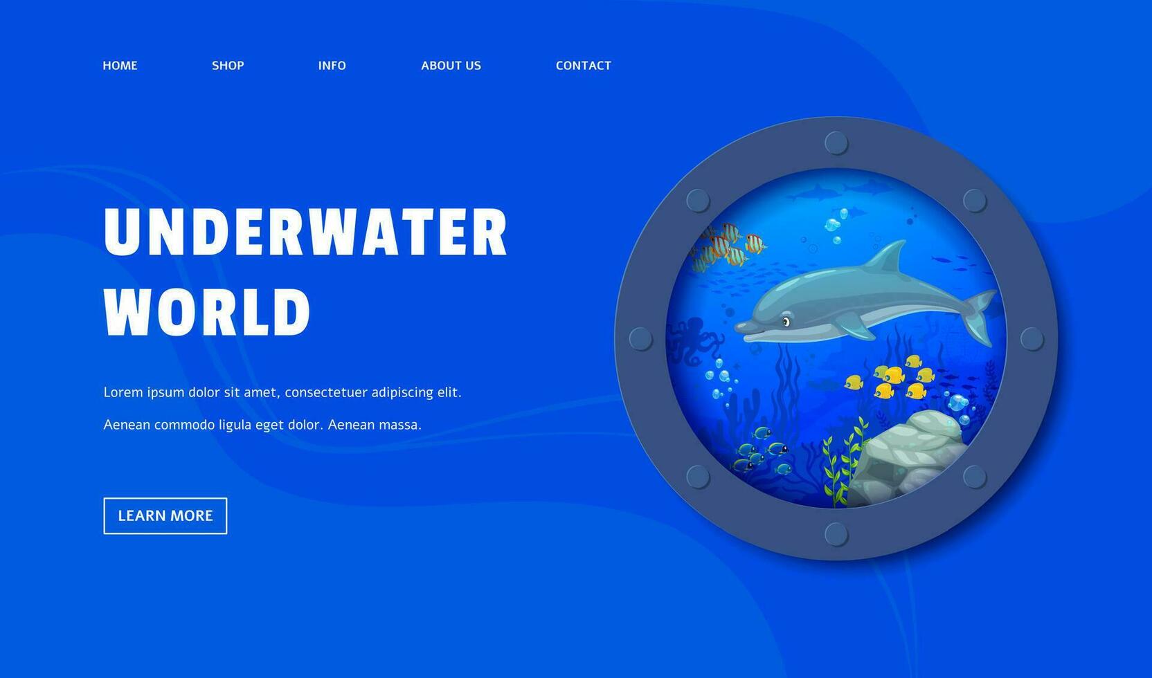 Landing page porthole with dolphin and underwater vector