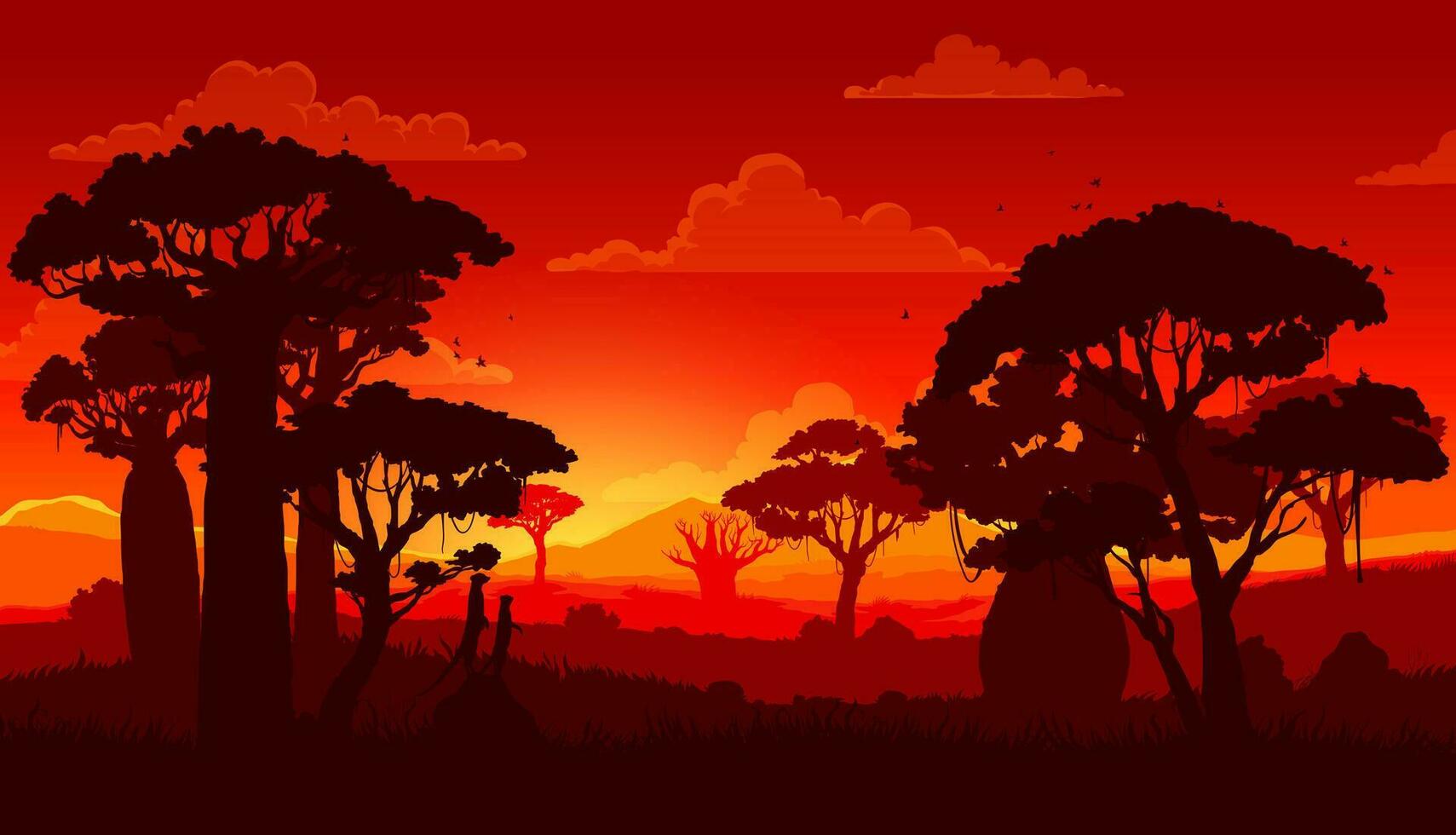 africano sabana puesta de sol paisaje silueta vector