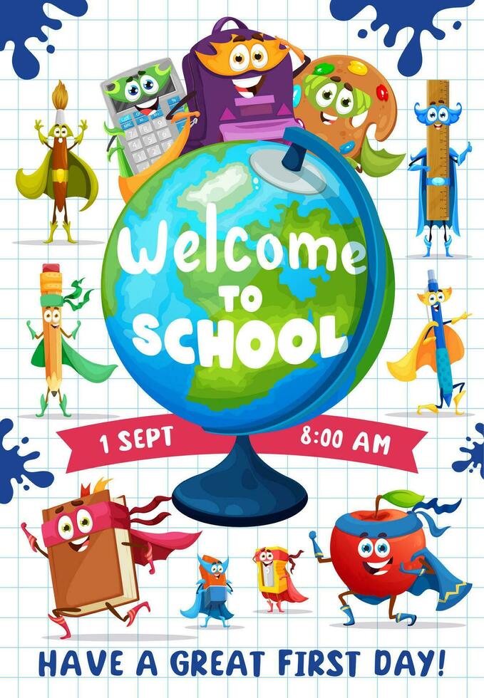 Back to school, cartoon superhero stationery books vector