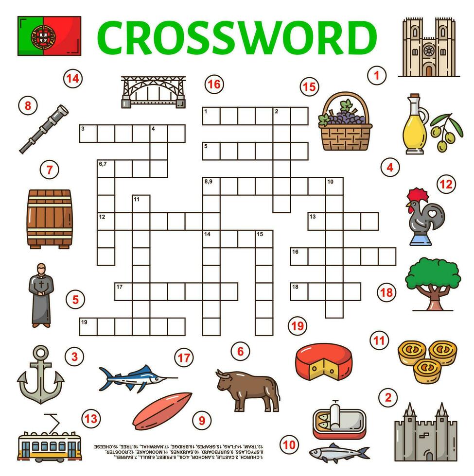 Portugal símbolos crucigrama red, encontrar palabra examen vector
