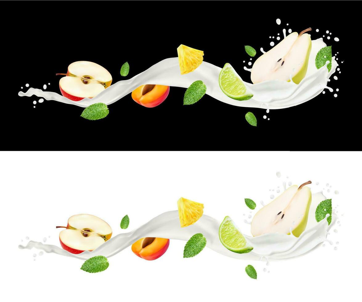 Realistic milk drink long wave splash and fruits vector