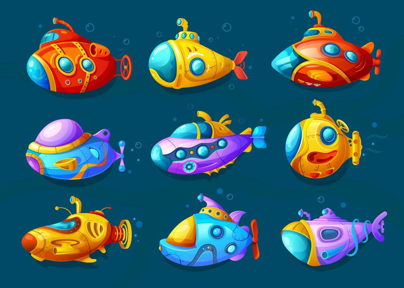 Cartoon underwater submarines, vector game asset