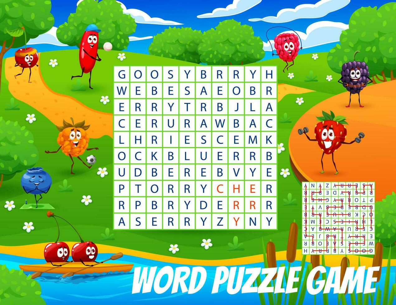 Word search puzzle game, cartoon cheerful berry vector