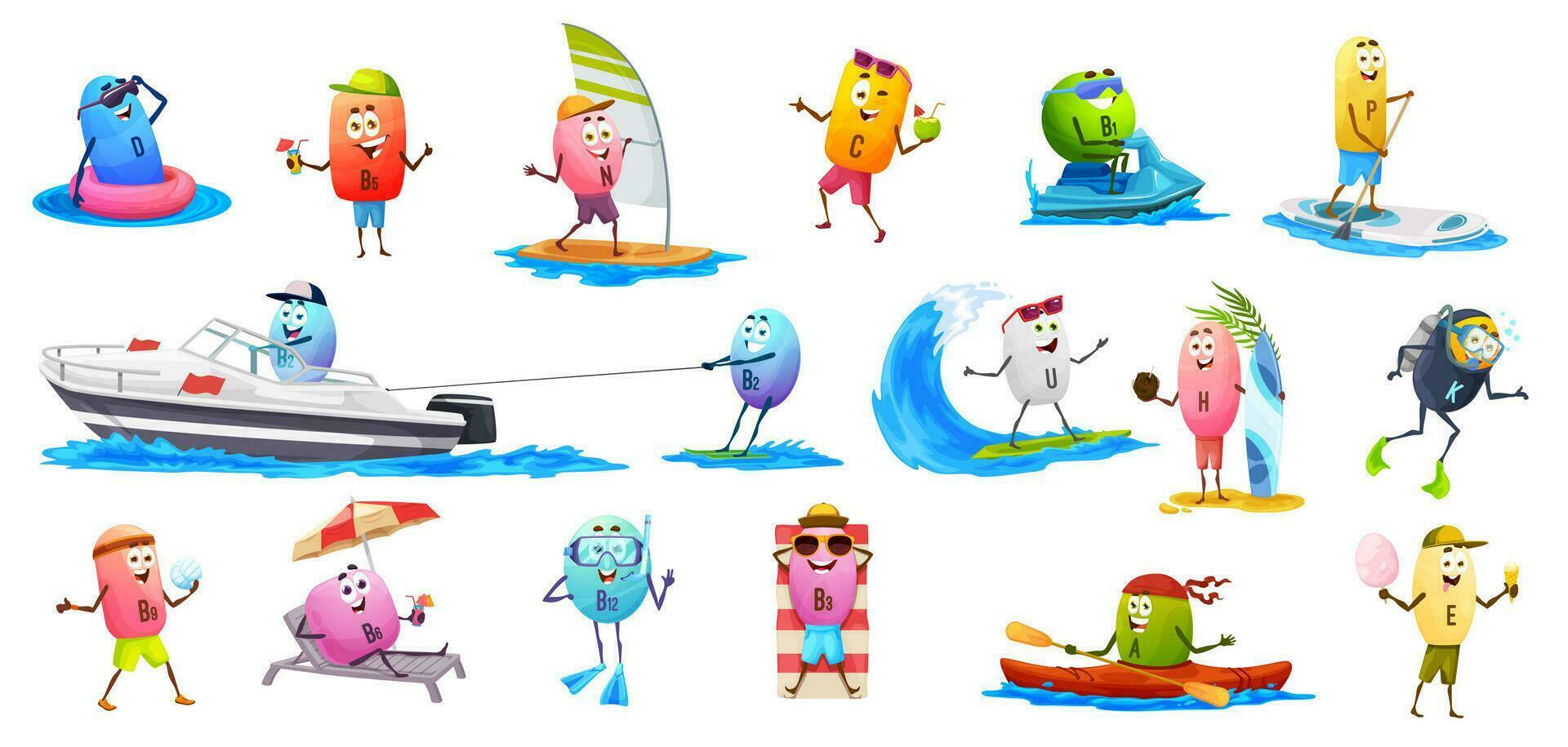 dibujos animados vitamina caracteres en verano vacaciones vector