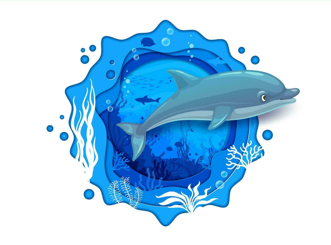 Cartoon blue dolphin and sea underwater paper cut vector