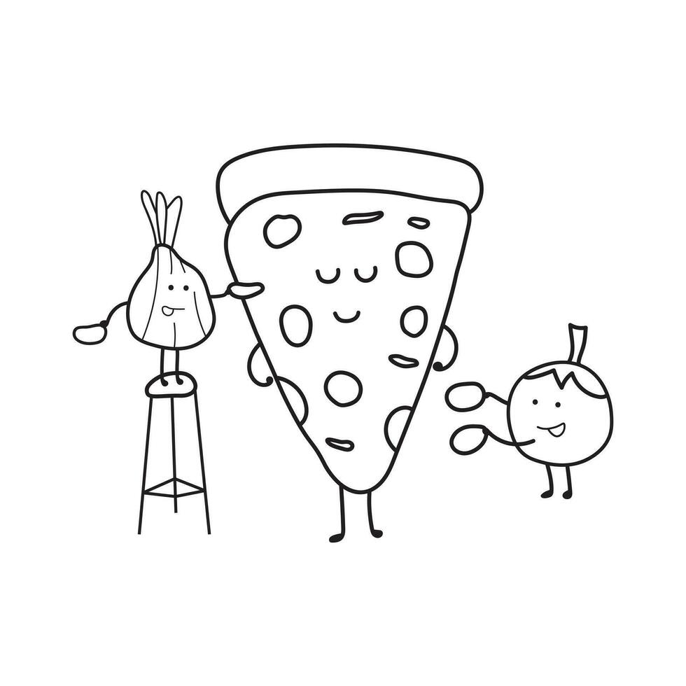 Hand drawn illustration vector graphic Kids drawing style funny cute pizza with tomato and onion in a cartoon style