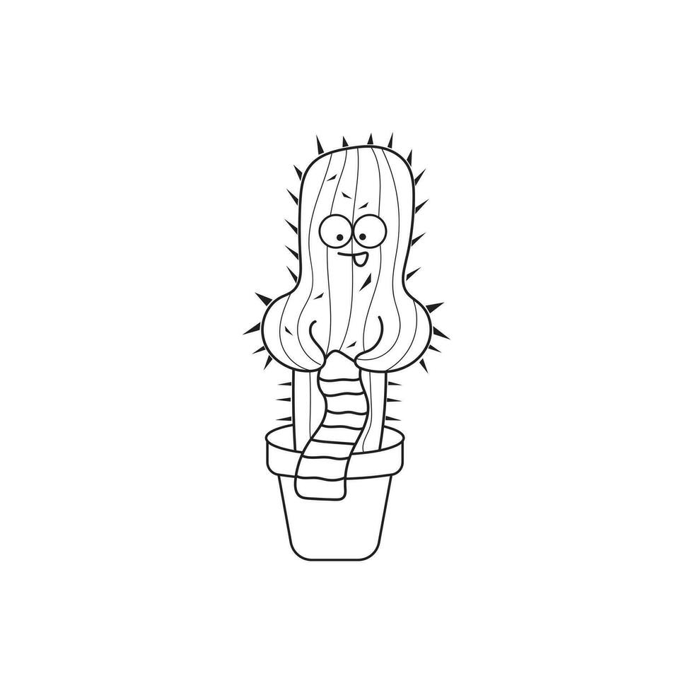 Hand drawn Illustration vector graphic Kids drawing style cactus knitting a scarf in a cartoon style