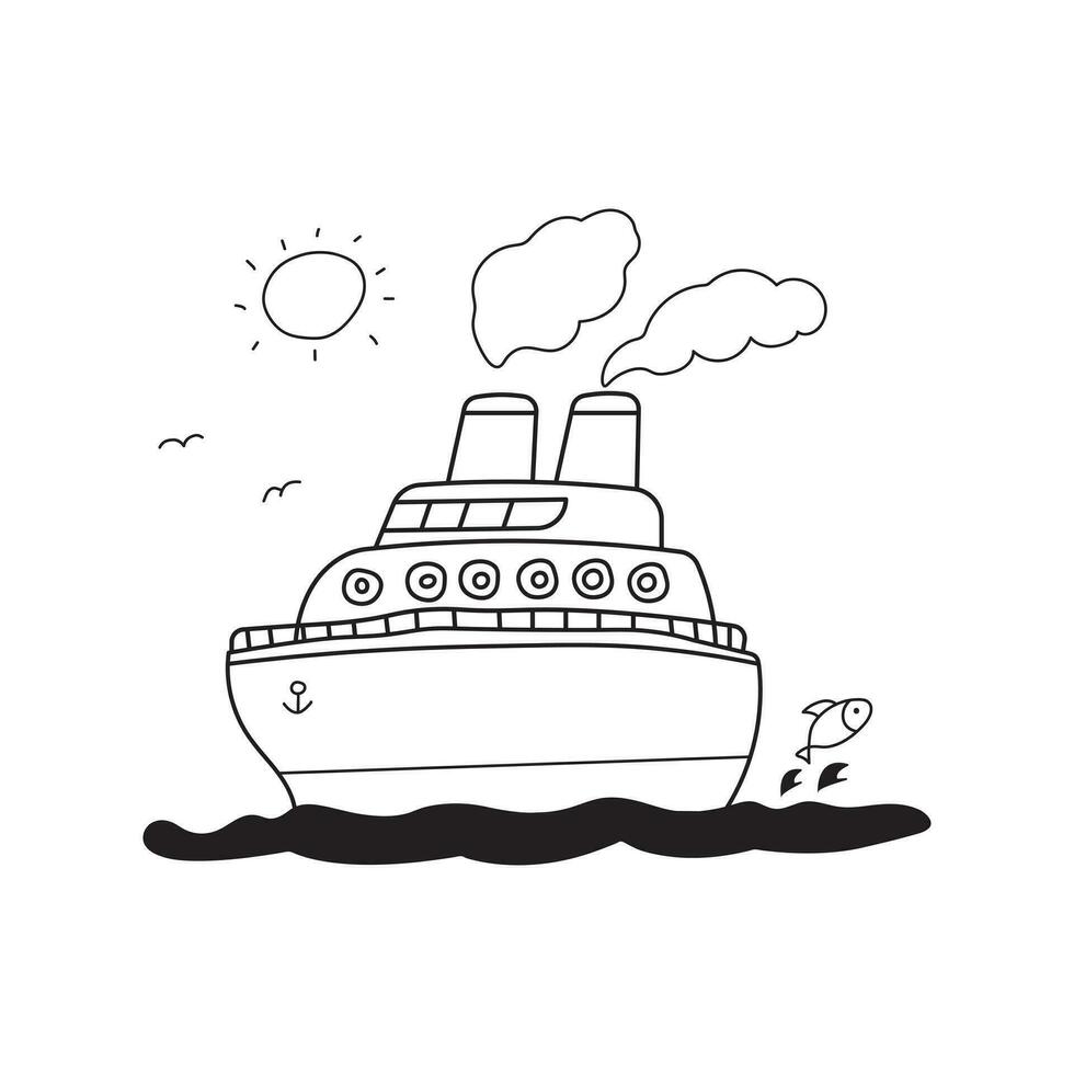 Hand drawn illustration vector graphic Kids drawing style funny cruise ship sailing on the sea in a cartoon style.