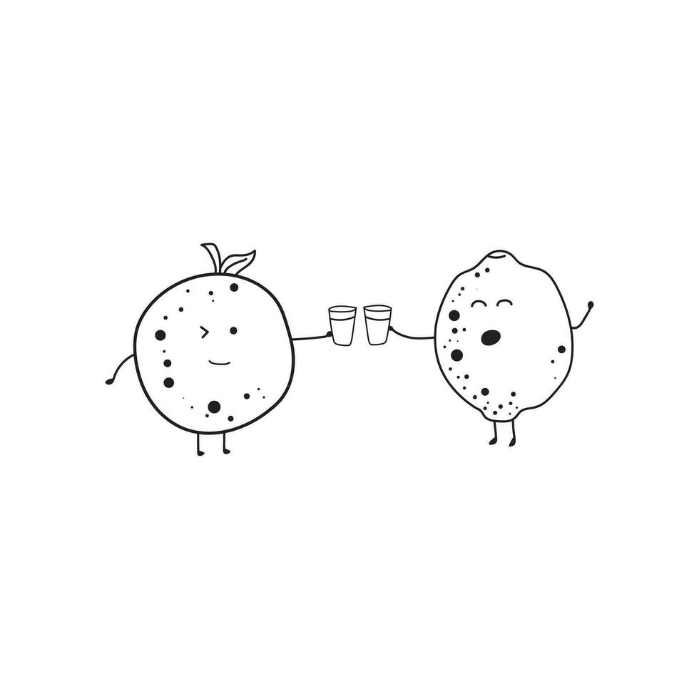 mano dibujado niños dibujo estilo gracioso frutas naranja y limón Bebiendo jugo juntos en un dibujos animados estilo vector