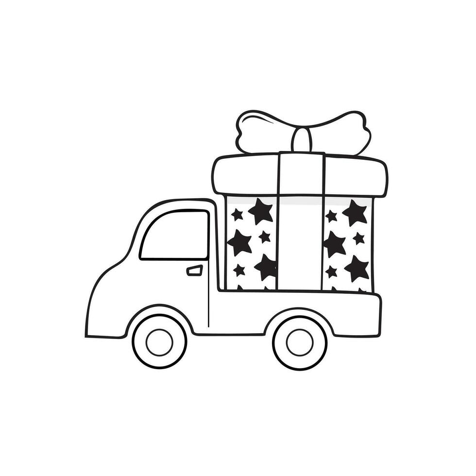 mano dibujado vector ilustración recoger camión que lleva grande regalo caja
