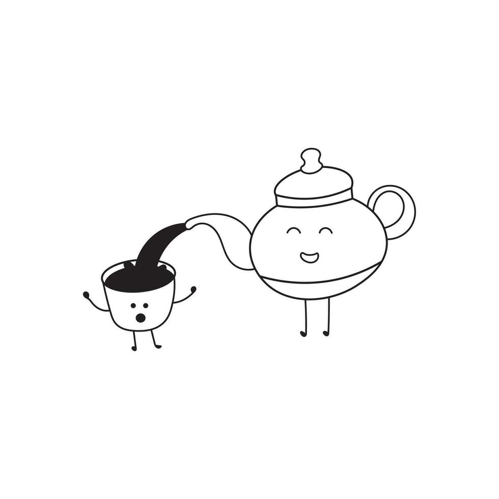 Hand drawn Illustration vector graphic Kids drawing style funny cute a kettle pouring water into a cup in a cartoon style