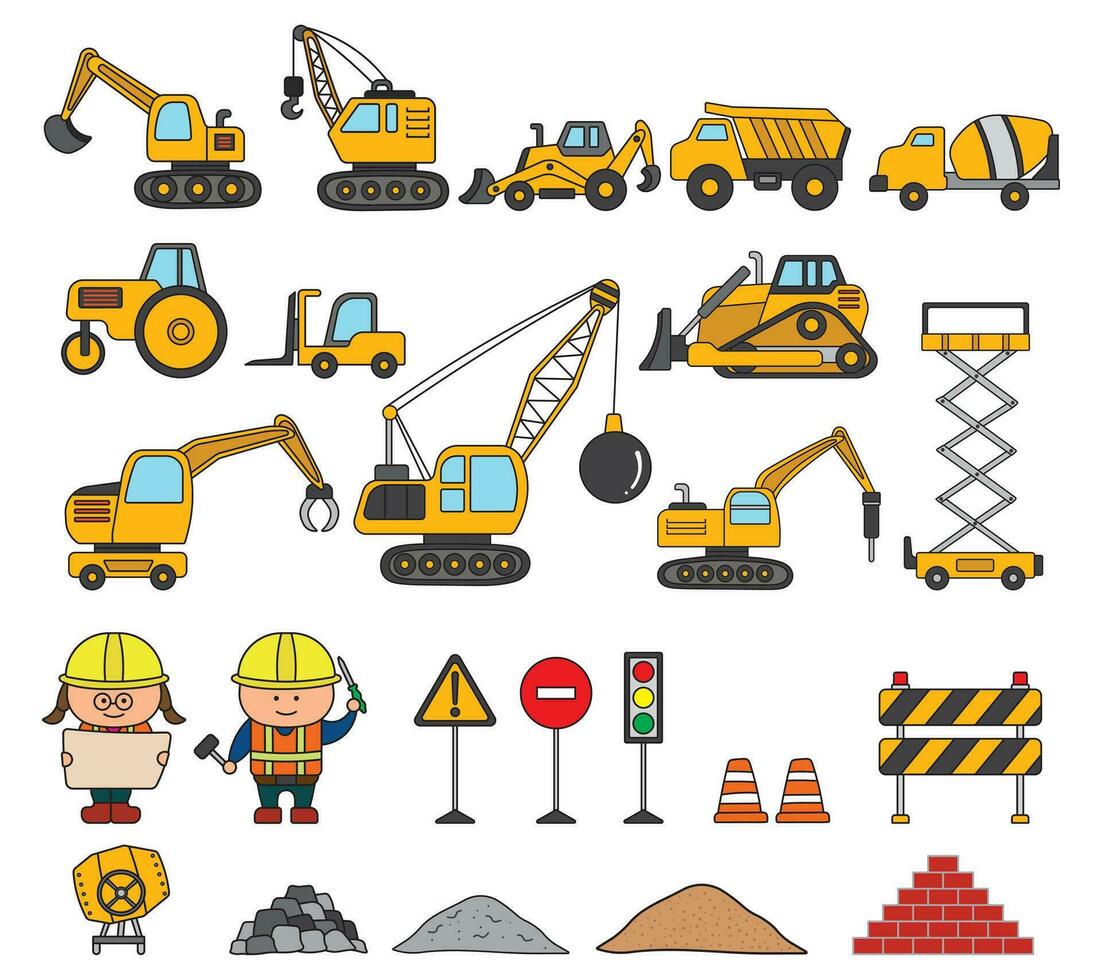 completar conjunto ilustración vector de construcción máquinas niños estilo o dibujos animados estilo. increíble pesado maquinaria vehículos especialmente diseñado a ejecutar construcción tareas. bueno para niños libros