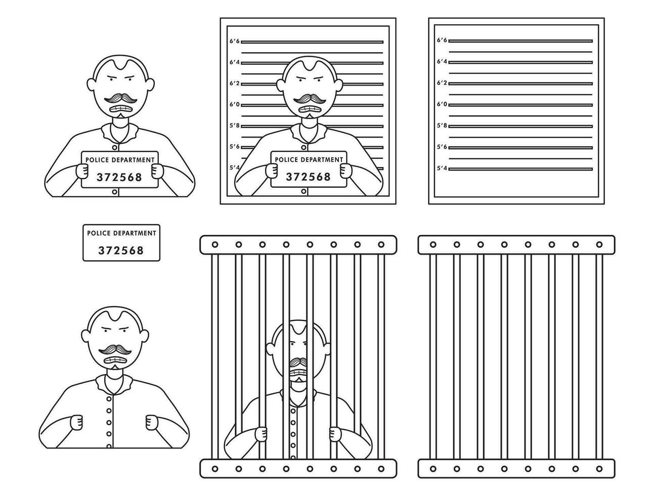 mano dibujado prisionero hombre vector. condenar foto policial ilustración de delincuente hombre detenido y bloqueado en celda. aislado plano personaje ilustración vector