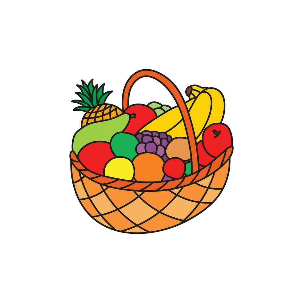 Kids drawing Cartoon Vector illustration cute fruits in the basket icon Isolated on White Background