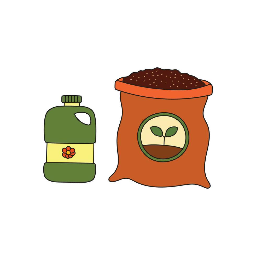 Kids drawing Cartoon Vector illustration cute Packing with soil for potted plants potting soil various fertilizers in bottles icon Isolated on White Background