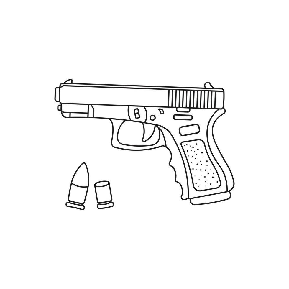 mano dibujado niños dibujo vector ilustración negro pistola glock y balas plano dibujos animados aislado
