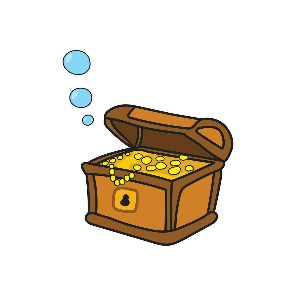 Kids drawing Cartoon Gold treasure in wooden chest at ocean bottom. Shiny coins hidden in water Vector Illustration Isolated on White Background