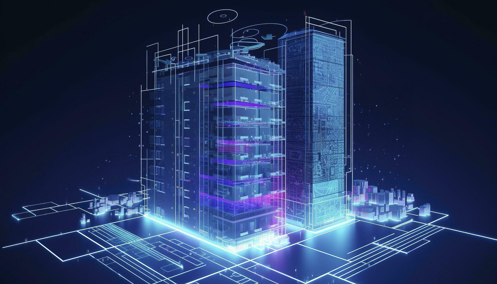 Development architecture computer systems of a smart building. Design modern building construction with ai controls. Project smart house construction with artificial intelligence, generate ai photo