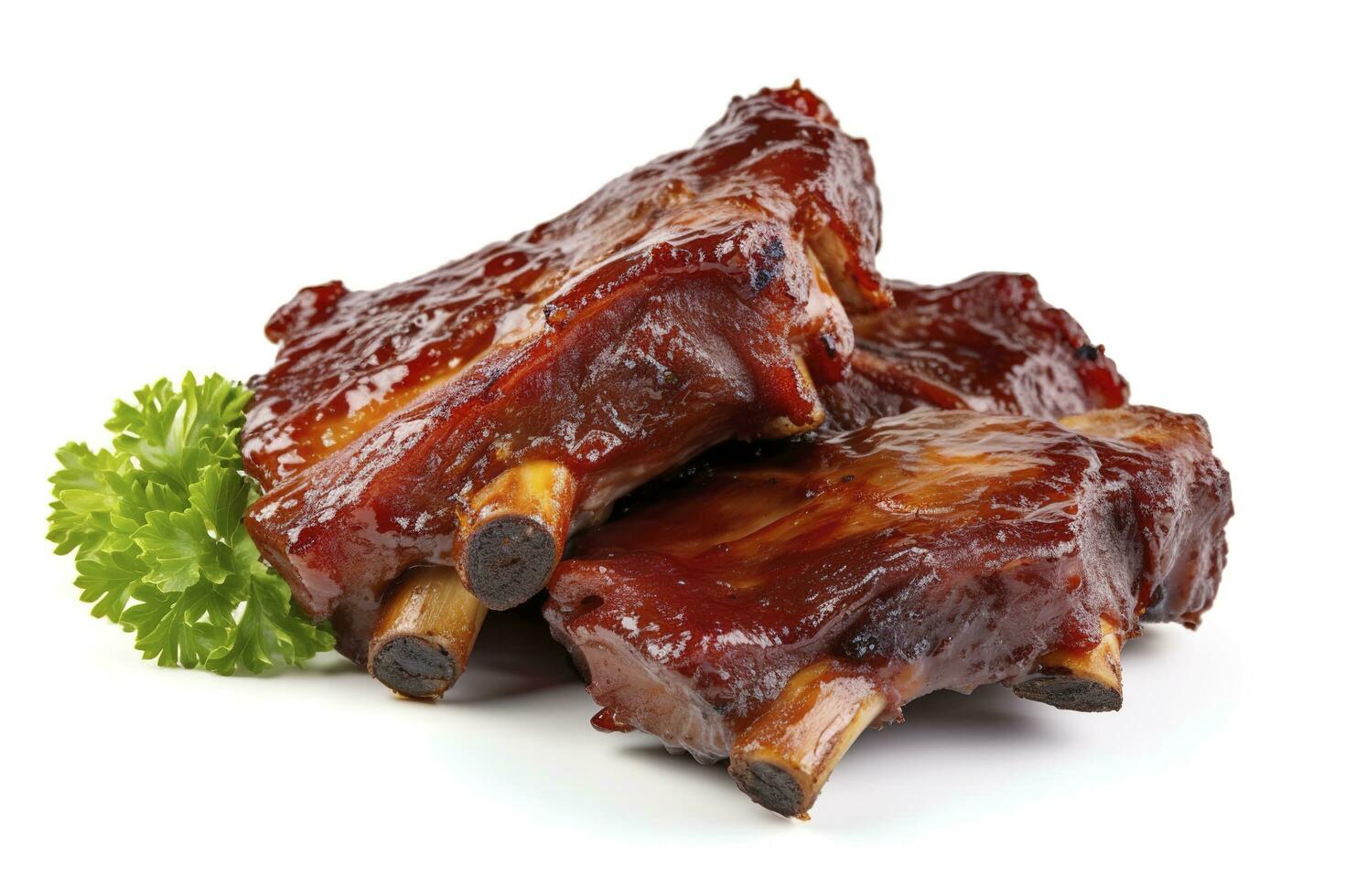 Delicious barbecued spare ribs. Tasty bbq meat, isolated on white background, generate ai photo