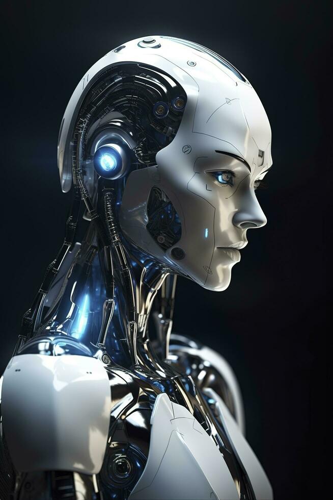 ChatGPT, a Thinking robot, a Humanoid robot faces close-up futuristic modern tech chatbot assistance auto conversation, Future digital technology AI artificial intelligence concept, generate ai photo