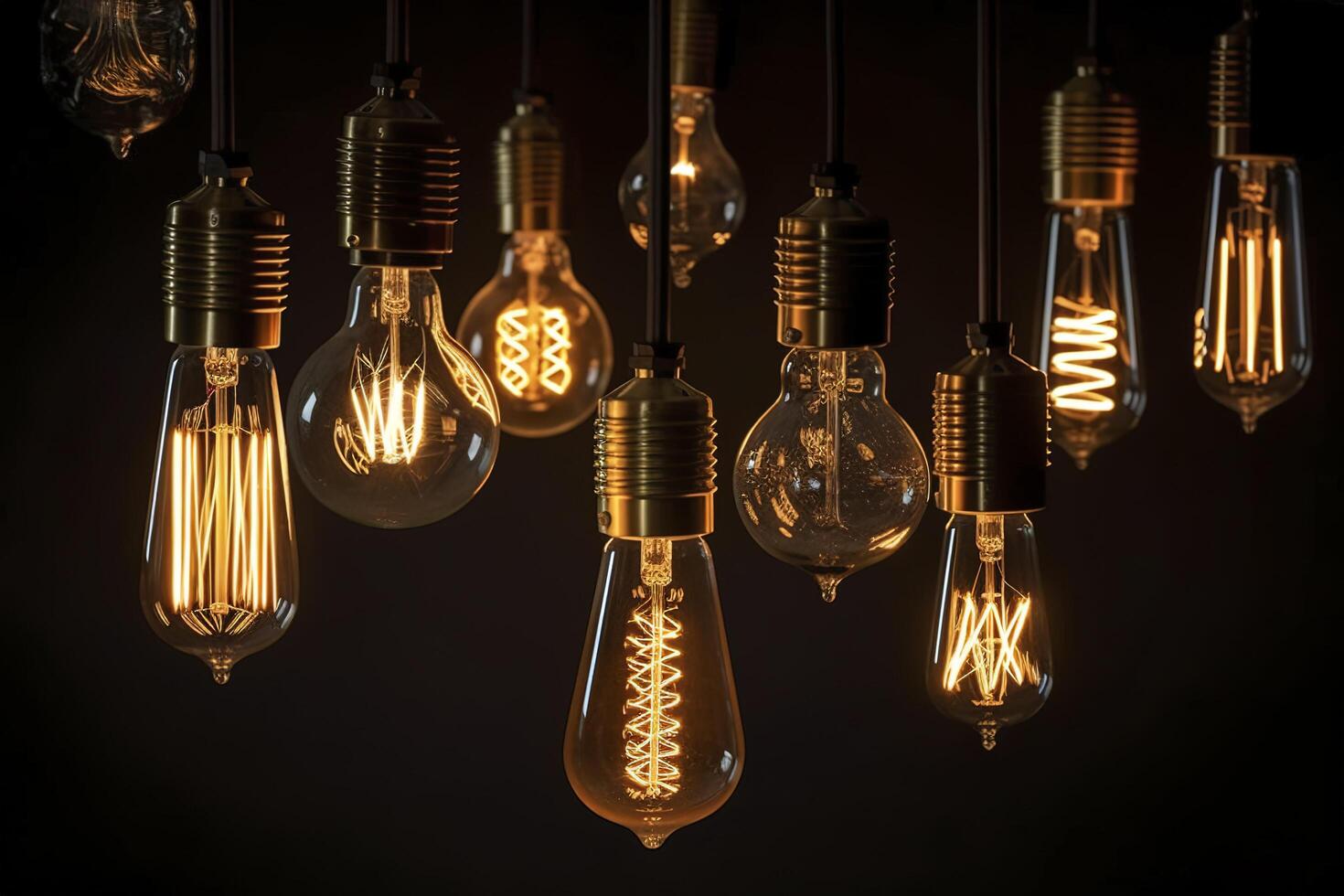 decorativo antiguo Edison estilo ligero bombillas, diferente formas de retro lamparas en oscuro antecedentes. café o restaurante decoración detalles. conjunto de Clásico brillante ligero bombillas, desván interior. ai generado. foto