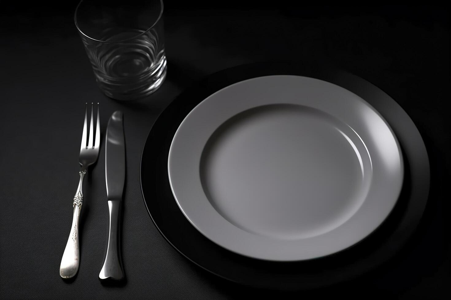 Empty plate with fork and knife on black. Served cutlery, minimal dark table setting. Menu mockup, space for text, diet concept. photo
