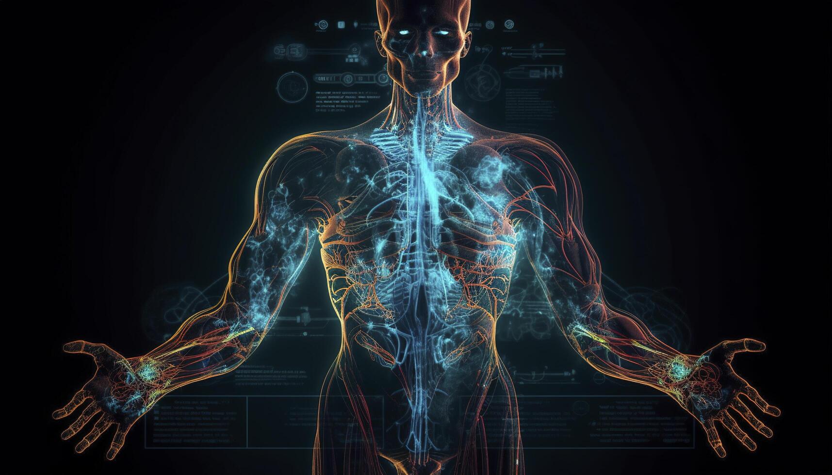 Artificial intelligence, a humanoid cyber human with a neural network thinks. AI concept of big data or cyber security. Chat GPT concept. AI with a digital brain processes big data. photo