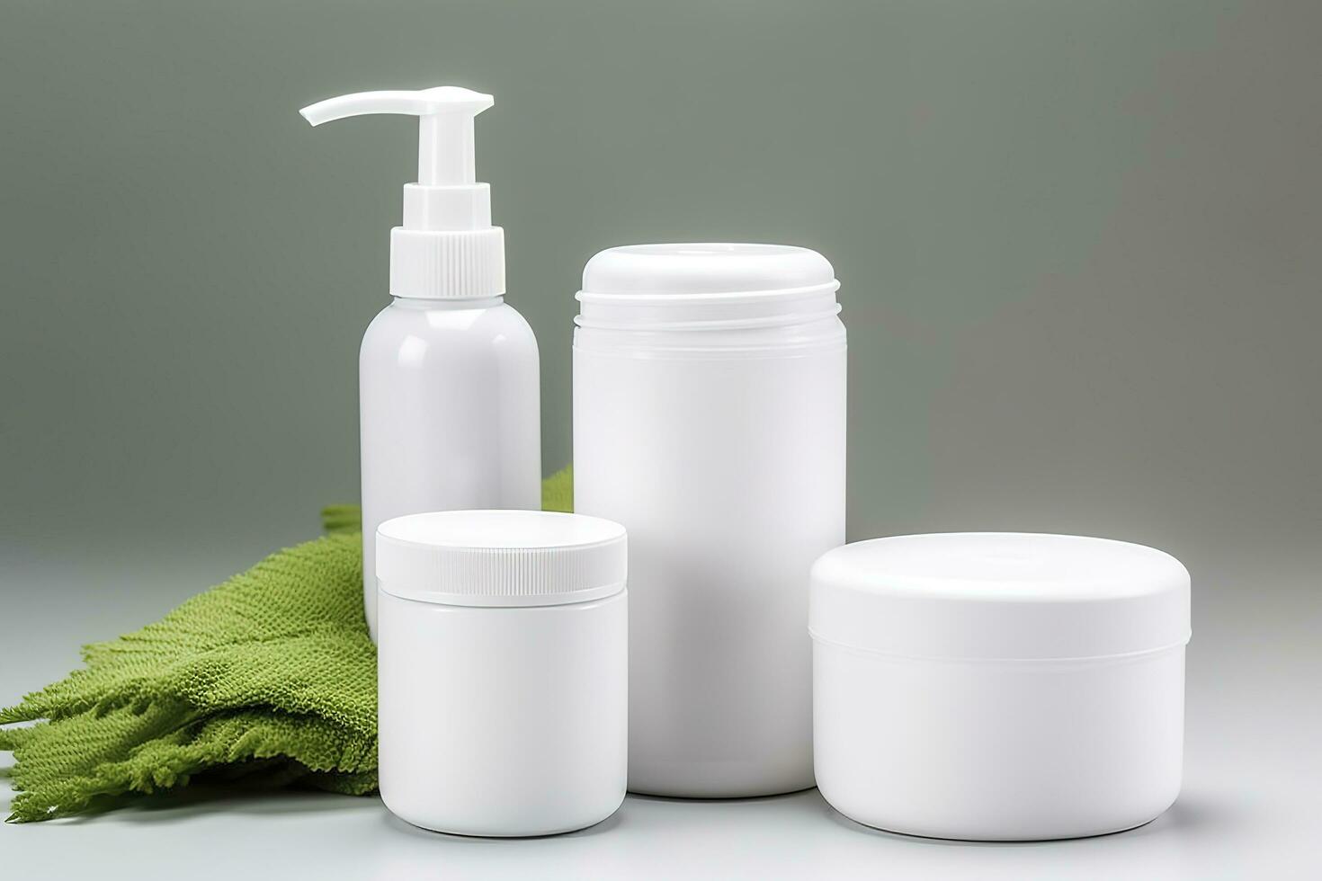 cosmético contenedores, blanco etiqueta paquete para marca Bosquejo. hidratante crema, líquido jabón o champú, tónico, cara y cuerpo piel cuidado. natural verde orgánico belleza producto, generar ai foto