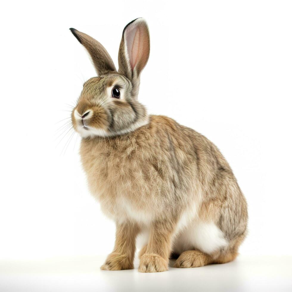 The funny rabbit is standing on its hind legs isolated on white background, generate ai photo