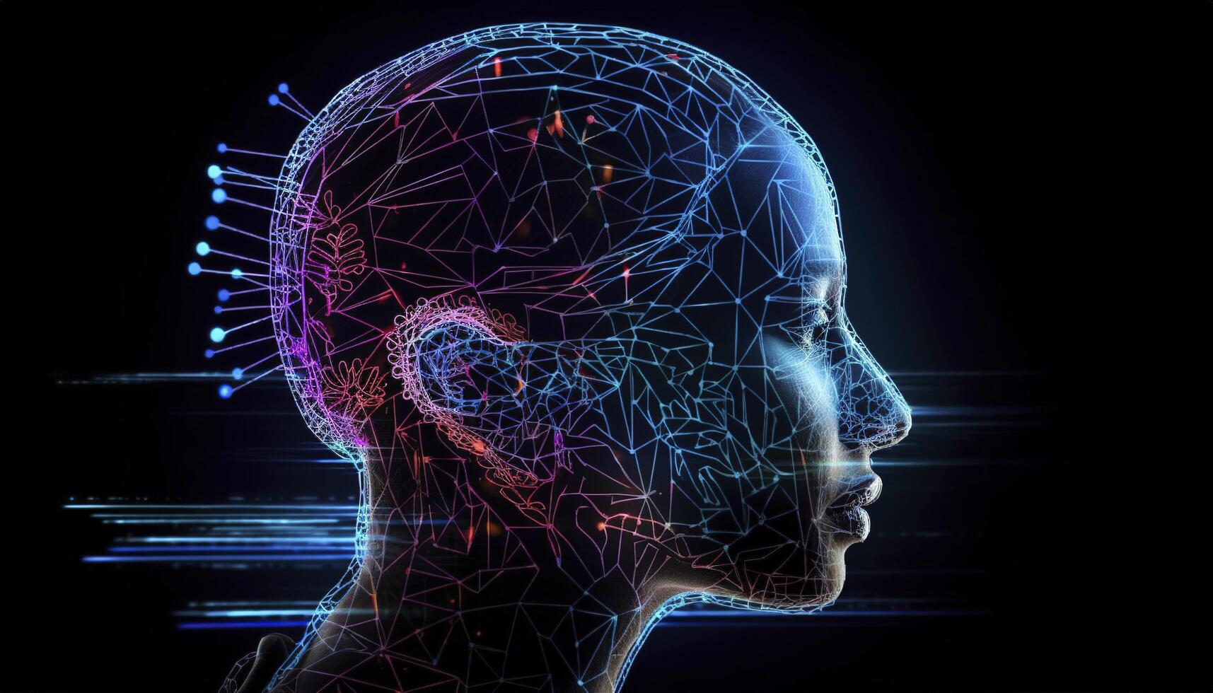 Artificial intelligence, a humanoid cyber human with a neural network thinks. AI concept of big data or cyber security. Chat GPT concept. AI with a digital brain processes big data. photo