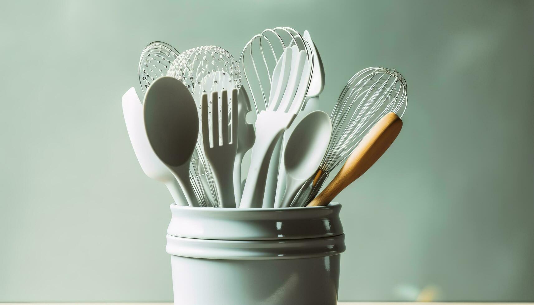 Kitchen utensils background with copy space, home kitchen decor concept, kitchen tools, rubber accessories in the container. Restaurant, cooking, culinary, kitchen theme, generate ai photo