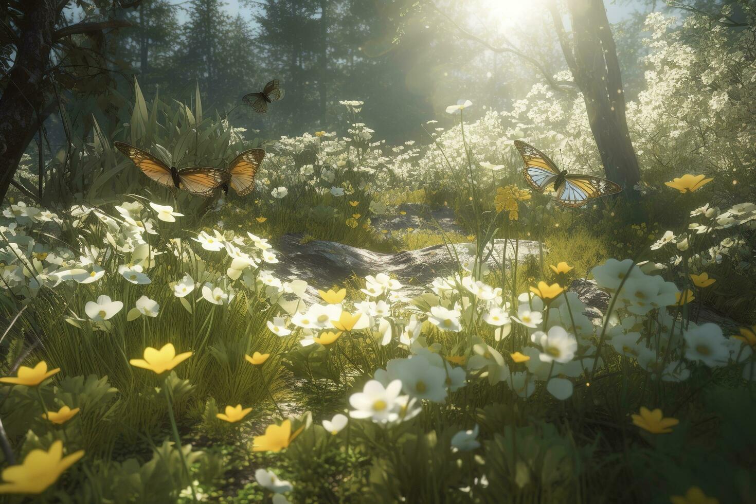 abstract nature spring Background. spring flower and butterfly, generate ai photo