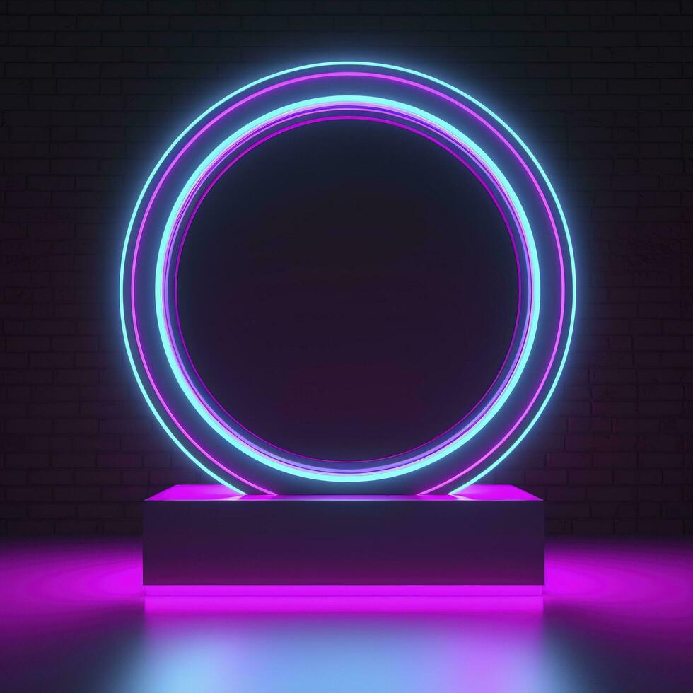 Empty neon lights round frame podium floating in the air with purple neon rings on background and hologram of digital rings on a floor, generate ai photo