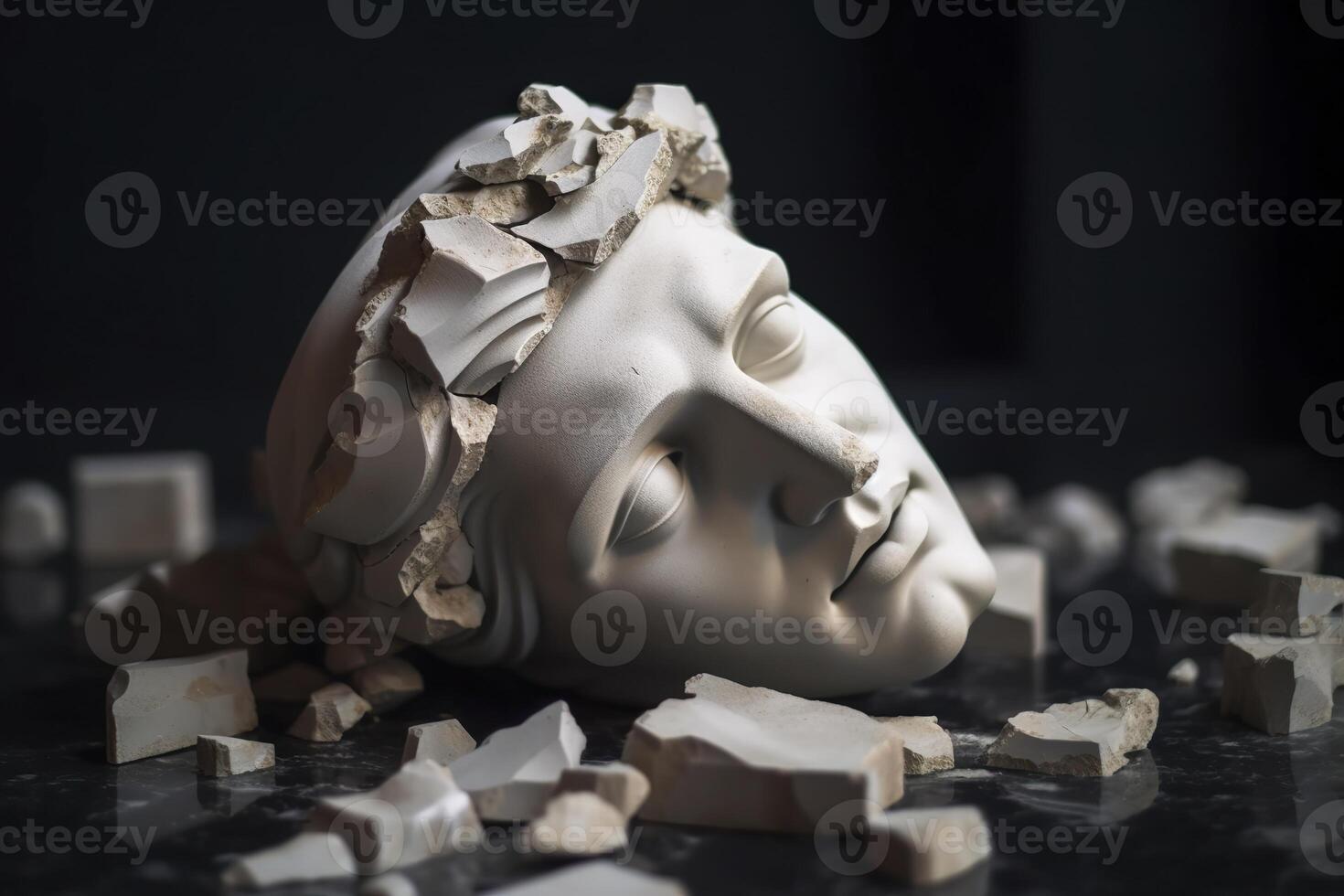 Broken ancient greek statue head falling in pieces. Broken marble sculpture, cracking bust, concept of depression, memory loss, mentality loss or illness. AI Generative photo