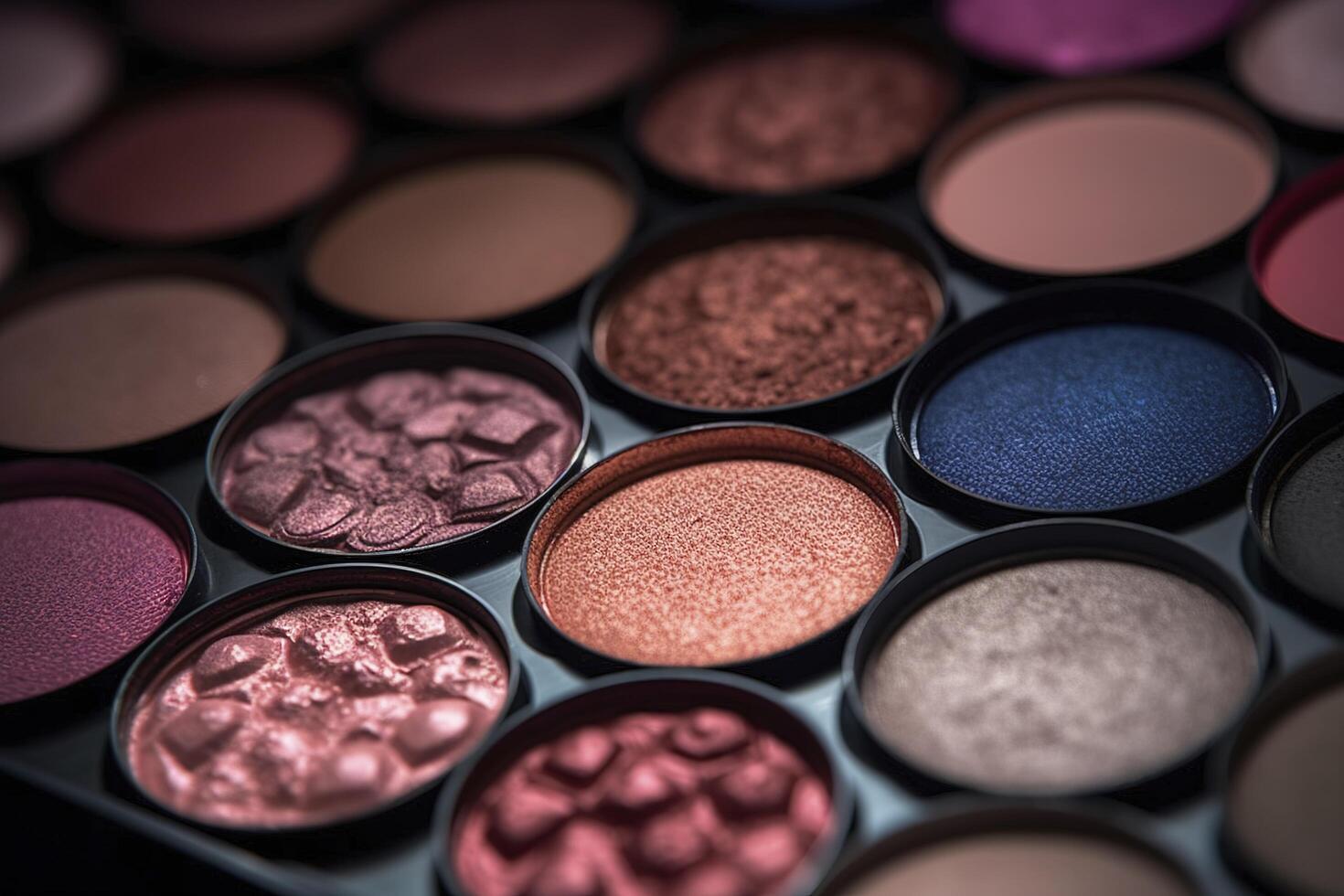 Closeup shot of eyeshadow, cosmetics, makeup. Professional eyeshadow palette macro shot. Eye shadow collection, make up theme. . photo