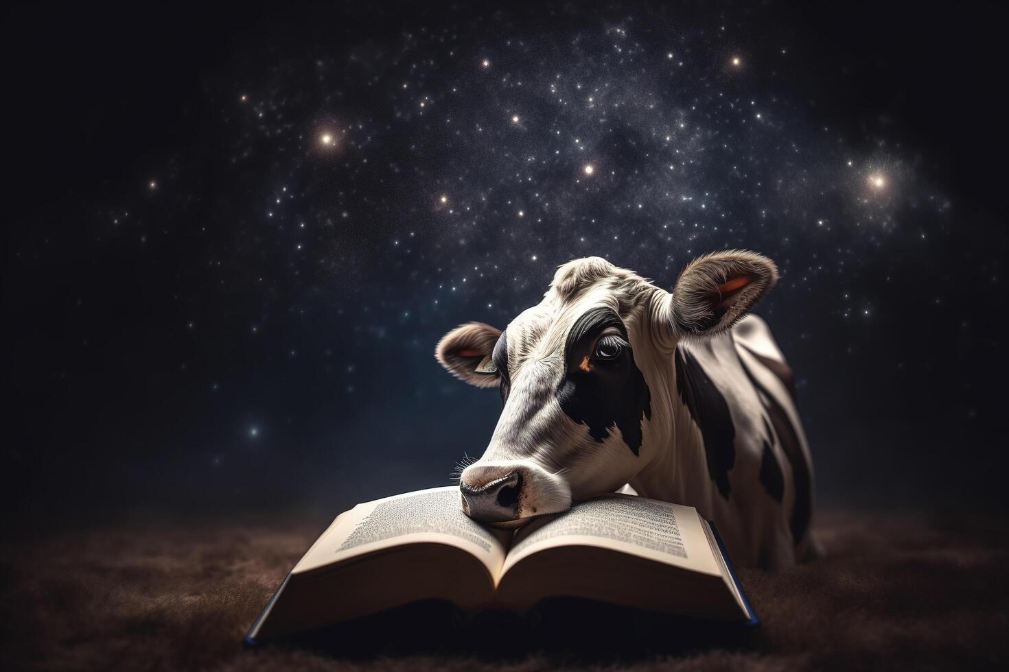 Cute cow reading book character. . photo