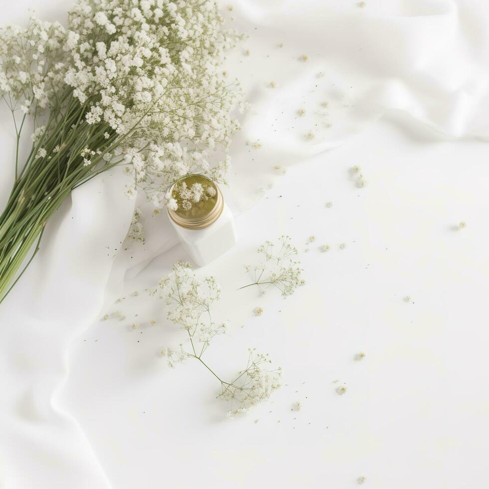 wedding desktop mockup with baby's breath Gypsophila flowers, dry green eucalyptus leaves, satin ribbon and white background, , generat ai photo