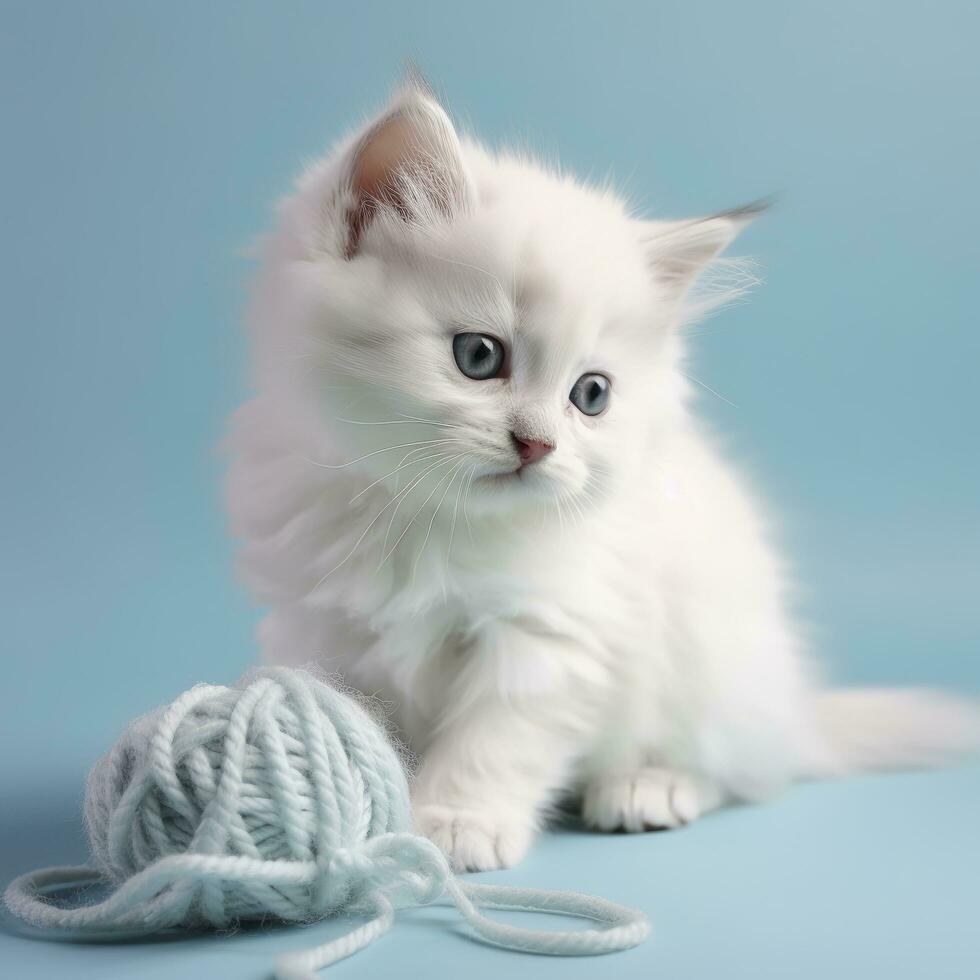 encantador mullido blanco muñeca de trapo gato jugando en un ligero habitación y mirando espalda con hermosa azul ojos. adorable de pura raza felino mascota al aire libre, generar ai foto