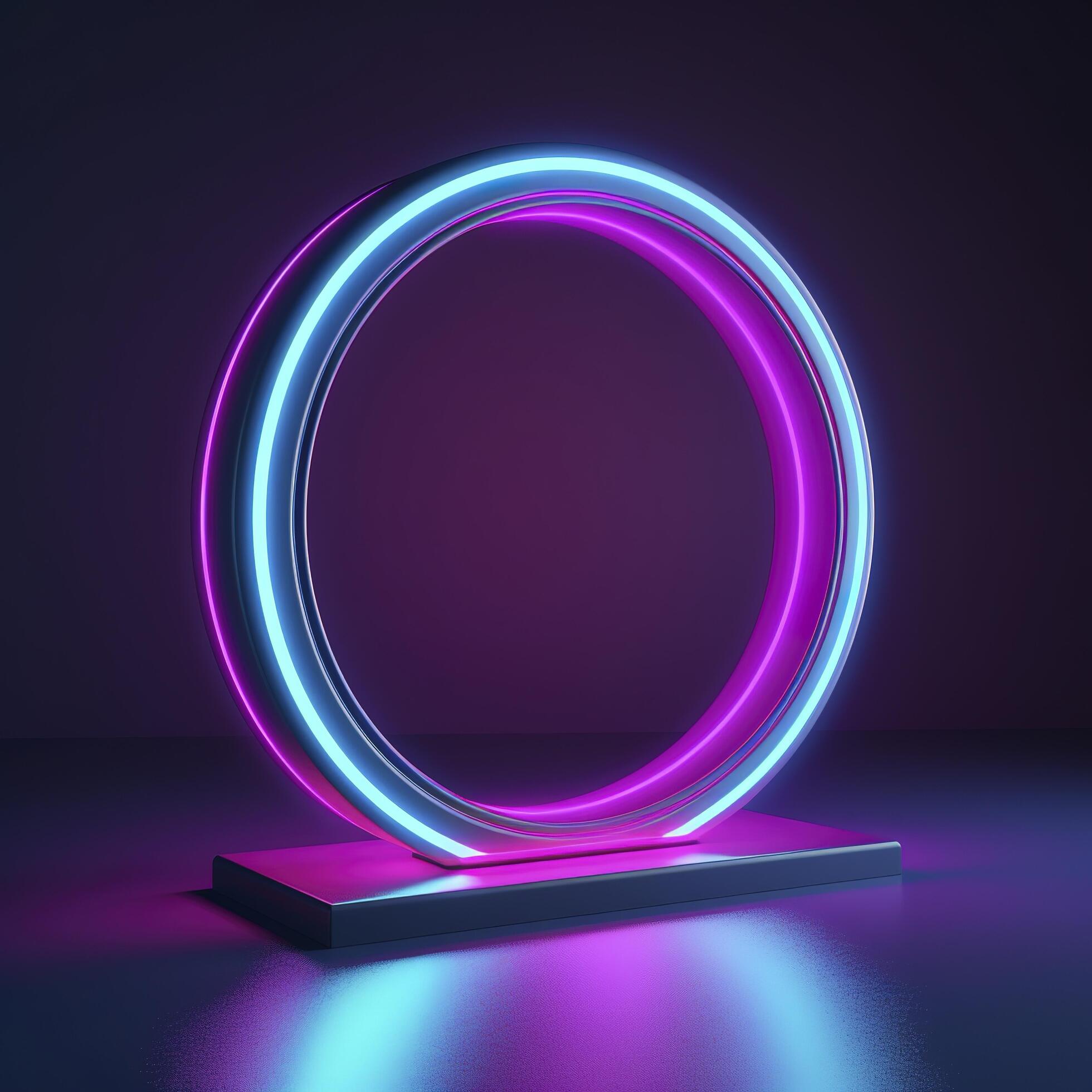 Empty neon lights round frame podium floating in the air with purple