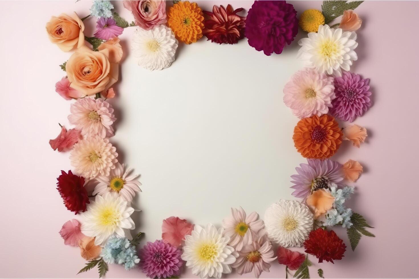 A frame decorated with flowers, blank space for text. Flat lay, top view. Floral frame, frame of flowers. Floral background. Wedding invitation, greeting card mockup. photo