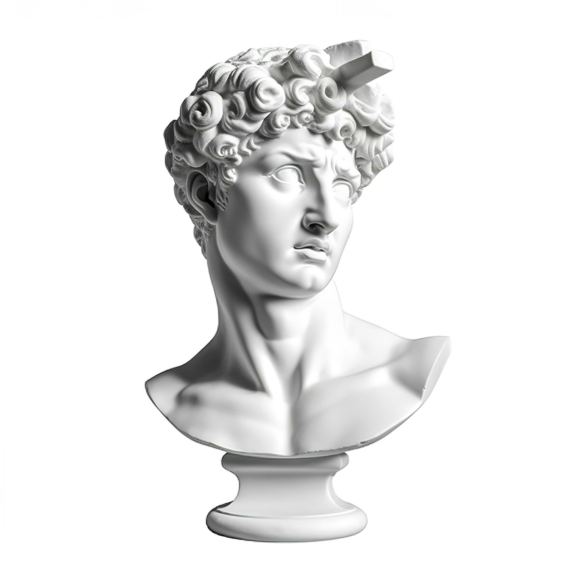 Gypsum statue of David's head. Michelangelo's David statue plaster copy